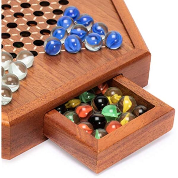 YMI Wooden Chinese Checkers Halma Board Game Set - 12.7 Inches - with Drawers and Glass Marbles - Made - Image 2