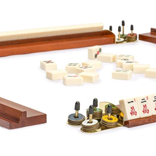 YMI Wooden Mahjong Racks, 18 Inches - Set of 4 Mahogany Color Racks - Includes Brass Ends for Attaching Pushers and Stacking Scoring Coins (Racks Only Set) - Image 6