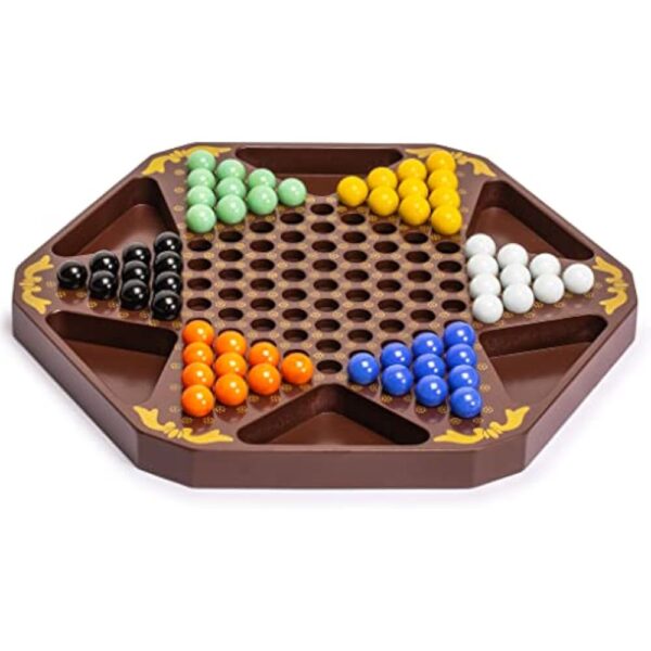 YMI Classic Chinese Checkers Halma Board Game Set with Storage, 12.6-inch Wooden Board, and Solid Color 16-Millimeter Glass Marbles - Image 3