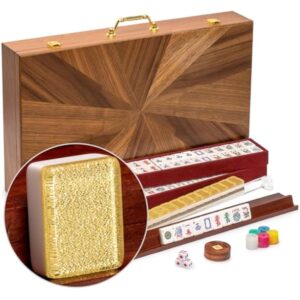 YMI American Mahjong Set, Golden Fortune with 166 Acrylic Mahjong Tiles, Inlaid Wooden Case, Racks and Other Accessories