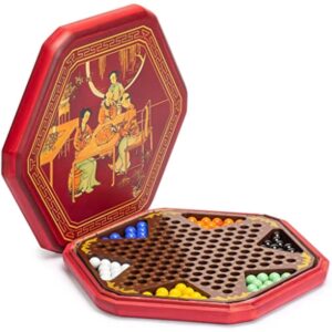 YMI Classic Chinese Checkers Halma Board Game Set with Storage, 12.6-inch Wooden Board, and Solid Color 16-Millimeter Glass Marbles