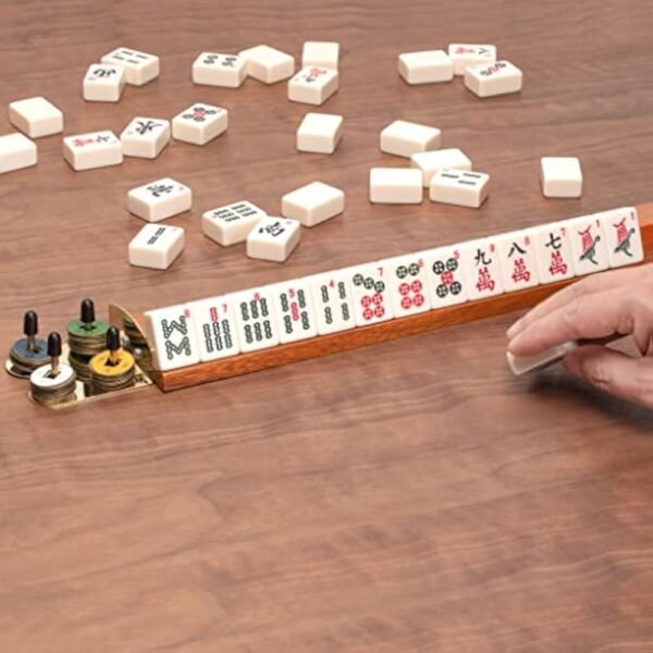YMI Wooden Mahjong Racks, 18 Inches - Set of 4 Mahogany Color Racks - Includes Brass Ends for Attaching Pushers and Stacking Scoring Coins (Racks Only Set) - Image 5