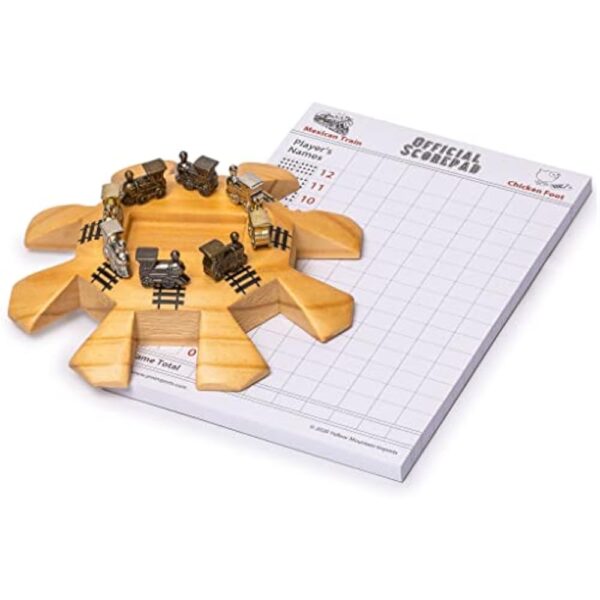 YMI Mexican Train Dominoes Accessory Set (5.8-Inch Wooden Hub Centerpiece, Die-Cast Metal Train Markers, and 60-Sheet Scorepad) - Image 2