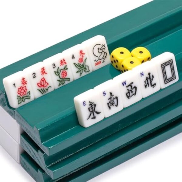 YMI "Mah-Jinn, a New Kind of Mahjong for Young Players - Complete Set with 152 Melamine Tiles, 4 Wooden Racks, and Dice - Image 3