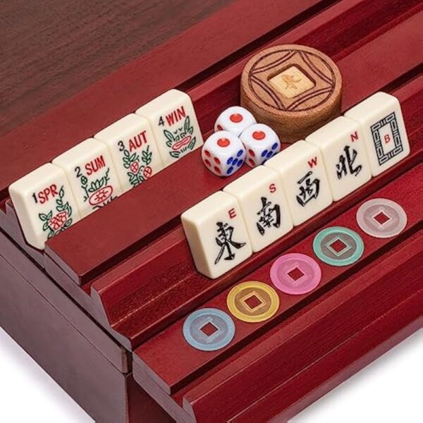 YMI American Mahjong Set, Classic Royale II with Redwood Veneer Case, Four Wooden Pusher Racks, Wind Indicator, Dice and Wright Patterson Count Scoring Coins - Image 2