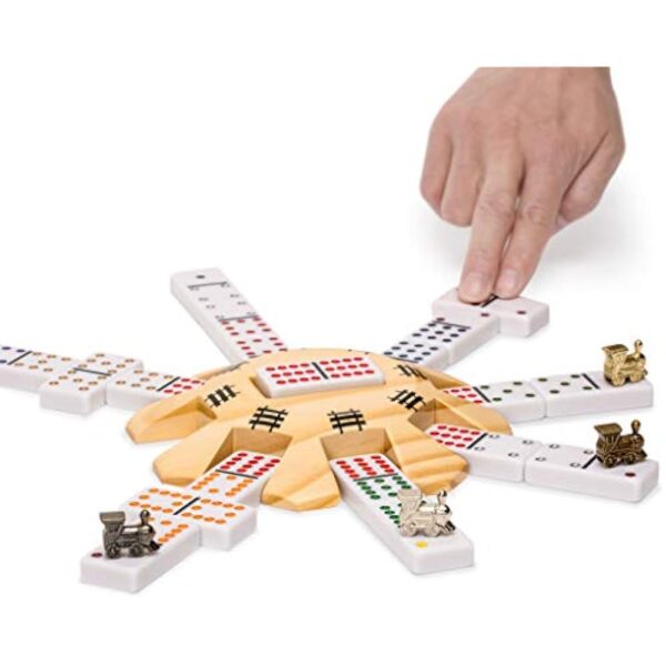 YMI Mexican Train Complete Set with Double 12 Dominoes (Pips/Dots), Wooden Hub, Die Cast Train Markers, and Scorepad - Image 2