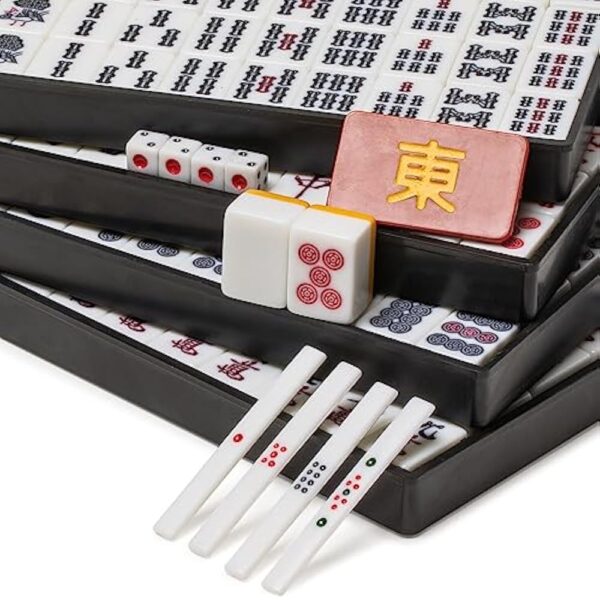 YMI Japanese Riichi Mahjong Set - White and Yellow Standard Size Tiles - with East Wind Tile and Black Vinyl Case - Image 3