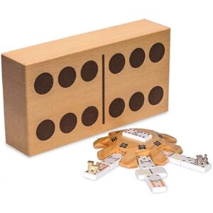 YMI Mexican Train Complete Set with Double 12 Dominoes (Pips/Dots), Wooden Hub, Die Cast Train Markers, and Scorepad