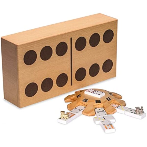 YMI Mexican Train Complete Set with Double 12 Dominoes (Pips/Dots), Wooden Hub, Die Cast Train Markers, and Scorepad