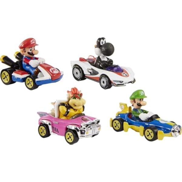 Hot Wheels Mario Kart Set of 4 Die-Cast Toy Cars with Attached Character Drivers, Includes Black Yoshi (Amazon Exclusive) - Image 3