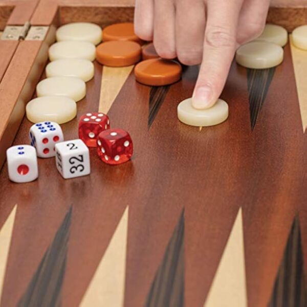 YMI Wooden Inlaid Backgammon Set, Cascadia - with Acrylic Playing Pieces & Wooden Dice Cups, 17-inch Board - Image 4