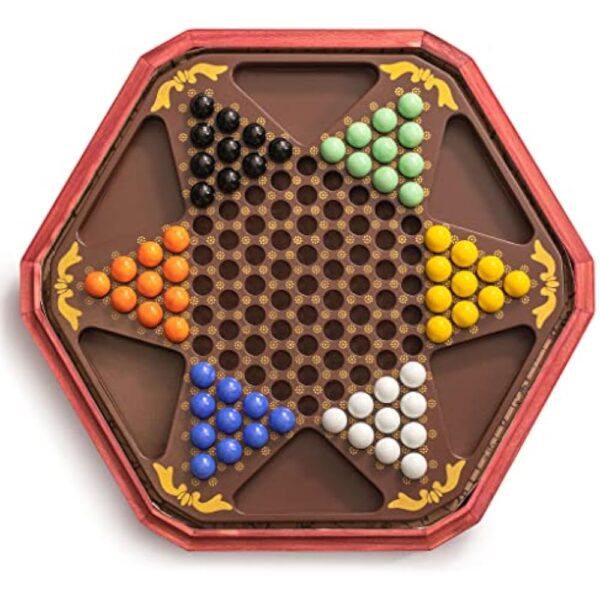 YMI Classic Chinese Checkers Halma Board Game Set with Storage, 12.6-inch Wooden Board, and Solid Color 16-Millimeter Glass Marbles - Image 5