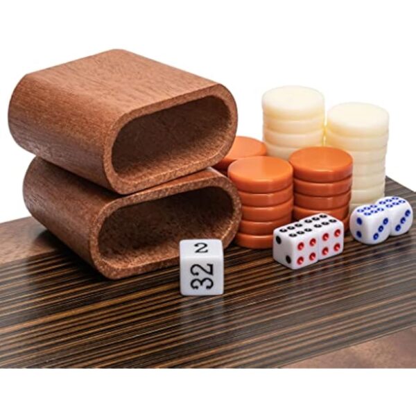 YMI Wooden Inlaid Backgammon Game Set, Pasadena - with Acrylic Playing Pieces, Wooden Dice Cups, and 13-inch Folding Board - Image 5