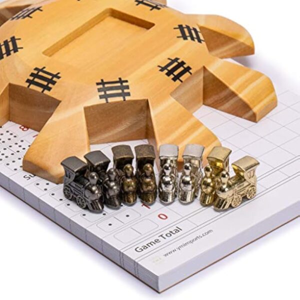 YMI Mexican Train Dominoes Accessory Set (5.8-Inch Wooden Hub Centerpiece, Die-Cast Metal Train Markers, and 60-Sheet Scorepad) - Image 3
