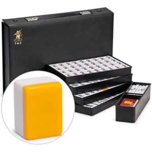 YMI Japanese Riichi Mahjong Set - White and Yellow Standard Size Tiles - with East Wind Tile and Black Vinyl Case