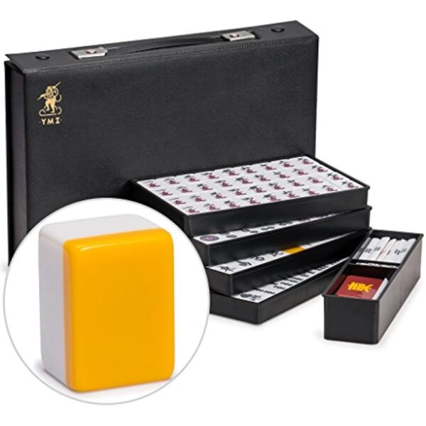 YMI Japanese Riichi Mahjong Set - White and Yellow Standard Size Tiles - with East Wind Tile and Black Vinyl Case