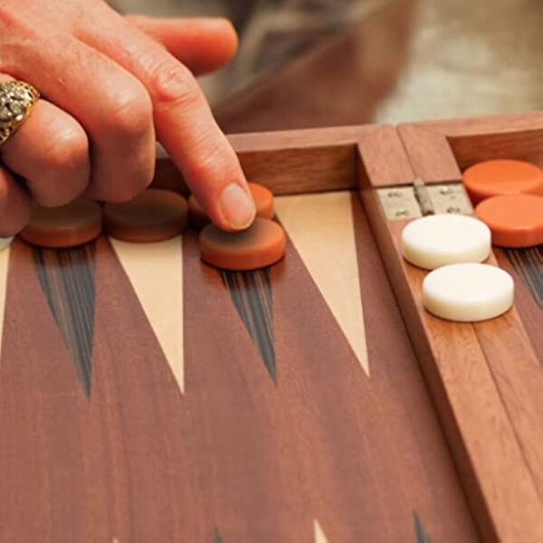 YMI Wooden Inlaid Backgammon Game Set, Pasadena - Classic Strategy Board Game Set with Acrylic Playing Pieces & Wooden Dice Cups, 15-inch Board - Image 4