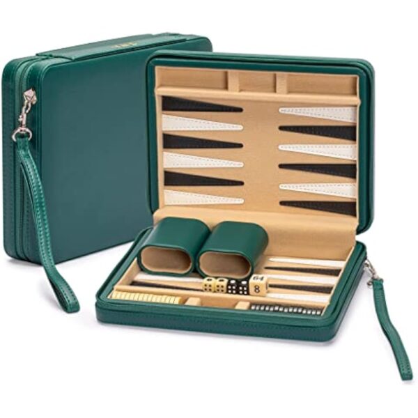 YMI Travel Size Backgammon Mini Game Set, Izmir - Magnetic Checkers and 9-inch Board in Sleek Leatherette Case - Classic Strategy Board Game